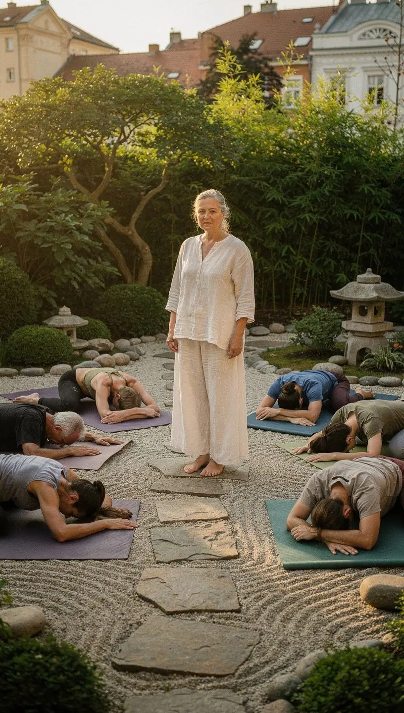 Uczestnicy warsztatów jogi w tradycyjnym otoczeniu, na tle zielonej natury.