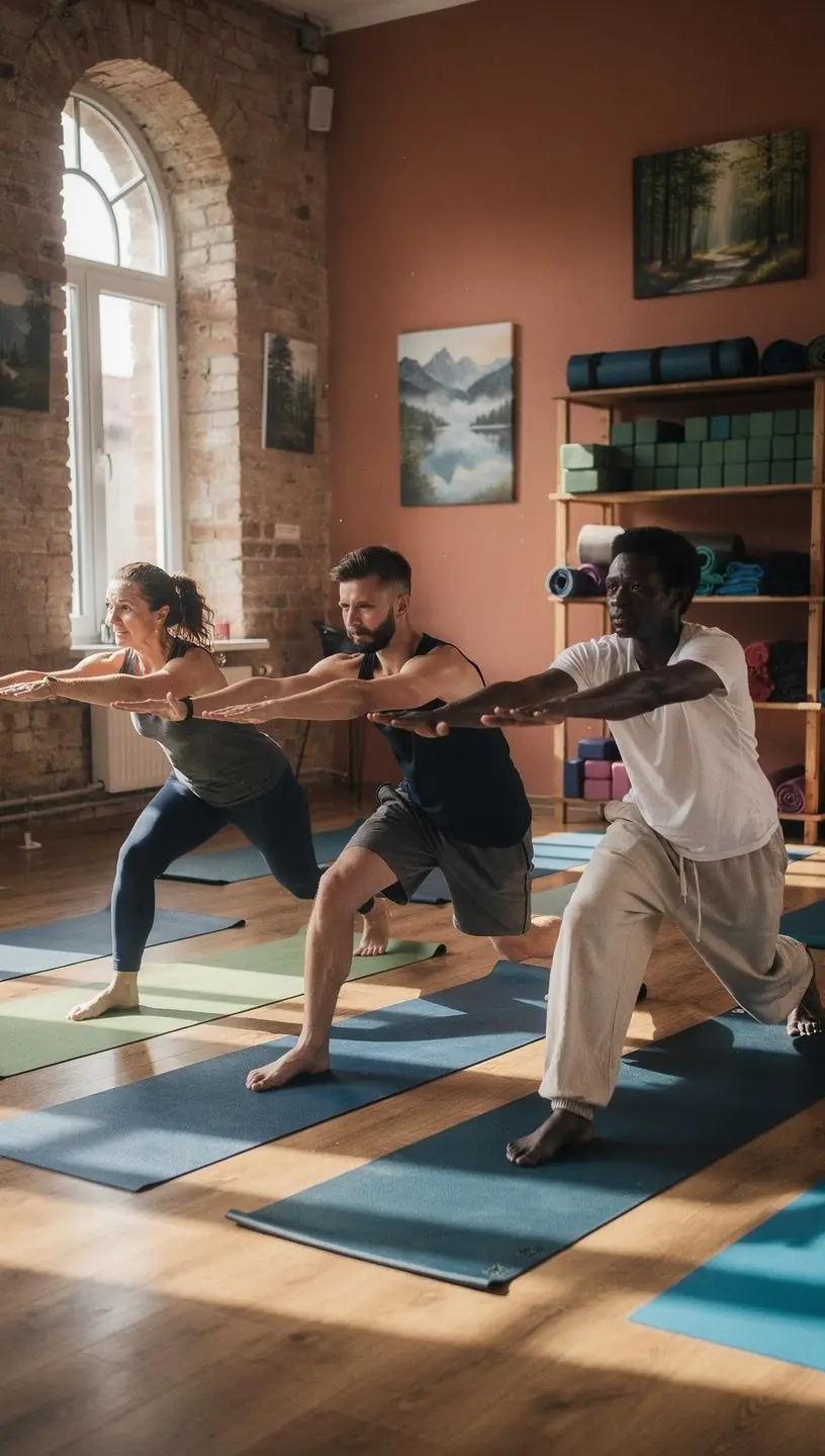 Widok na salę do jogi wypełnioną światłem, z matami do ćwiczeń.