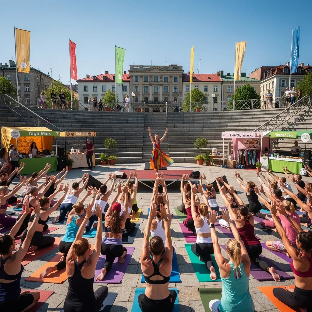 Zajęcia jogi w plenerze, z uczestnikami wykonującymi różne asany.
