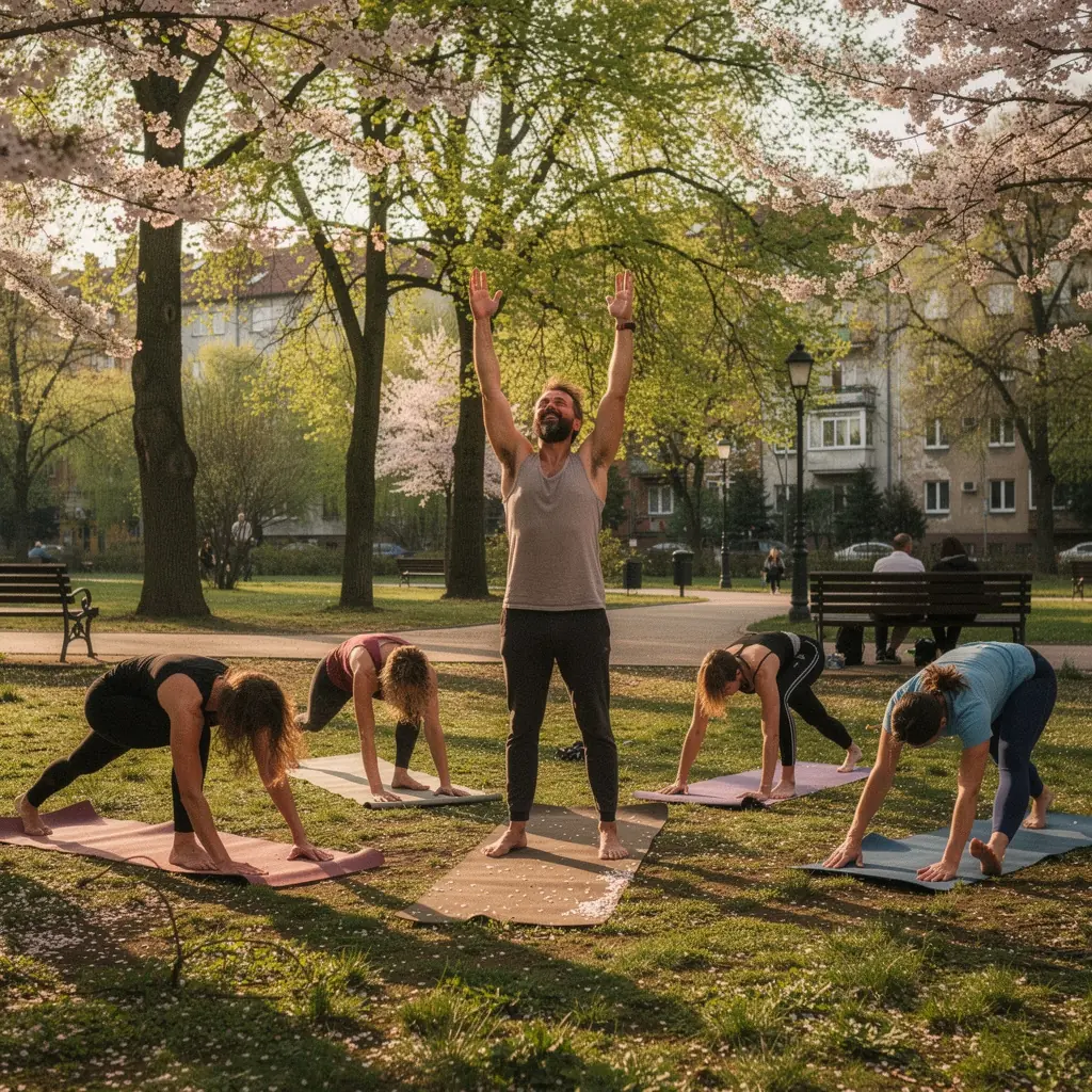 Instruktor pokazujący prawidłowe ułożenie ciała w pozycji "Adho Mukha Svanasana".