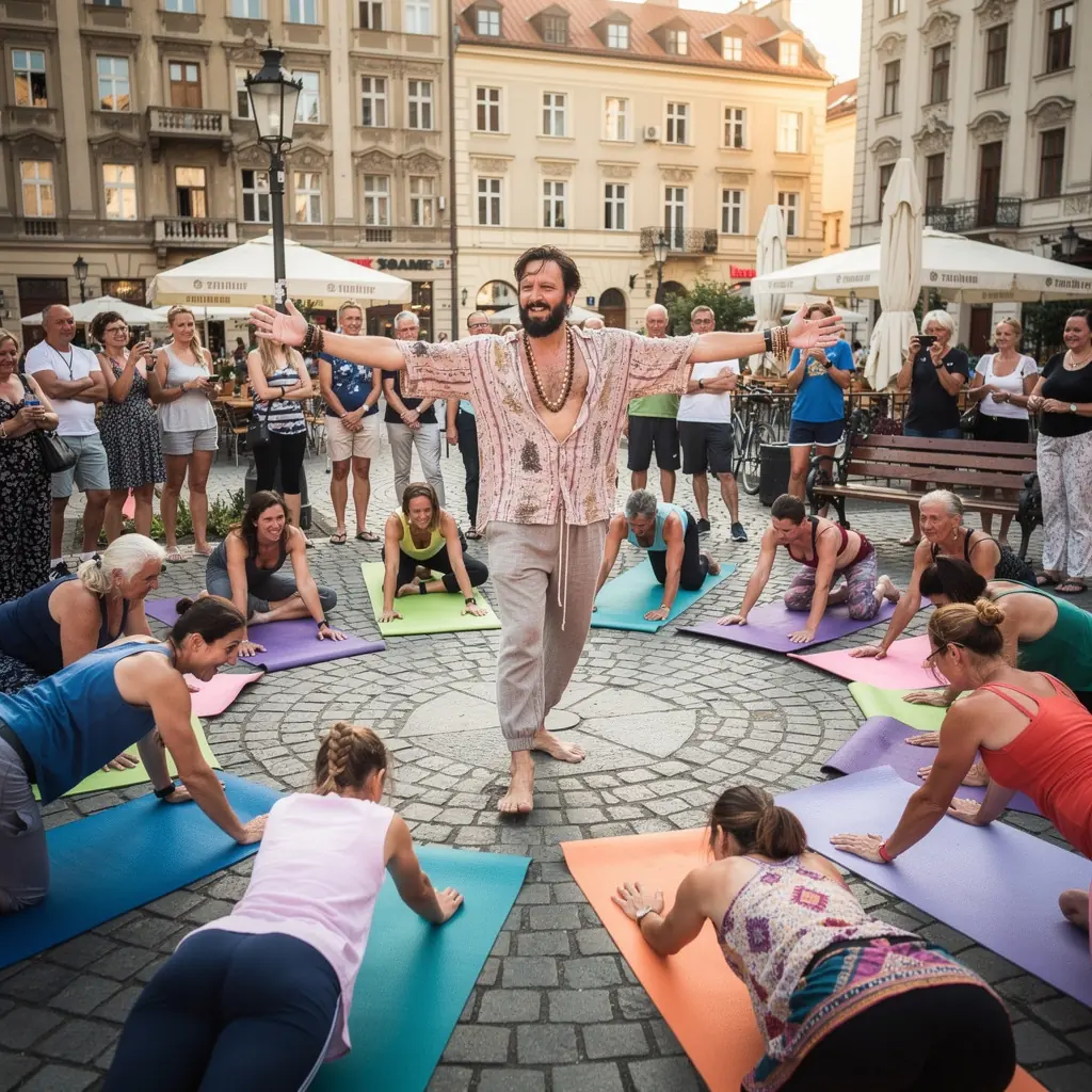 Instruktor pokazujący prawidłowe ułożenie ciała w pozycji "Adho Mukha Svanasana".
